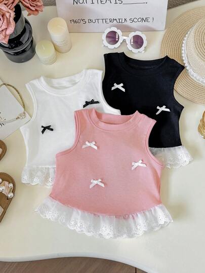 Set de 3 piezas Parte superior de punto sin mangas informal con ribete de encaje para niña joven, diseño versátil con lazo, nueva temporada de primavera/verano para exteriores