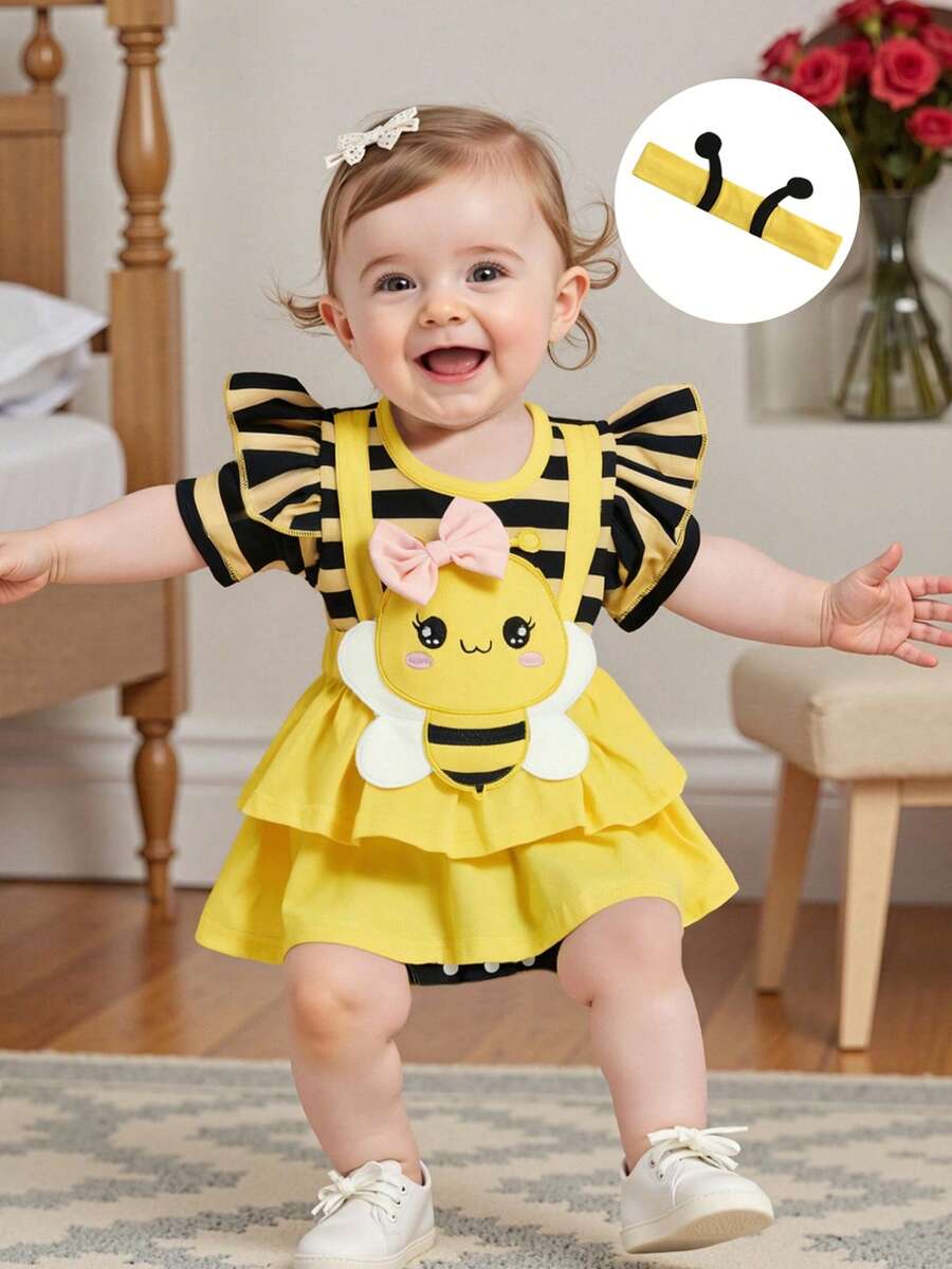 Conjunto de verano para niña de 0 a 18 meses: mono acampanado con estampado de abejas y diadema gratis  Pelele de rayas de manga corta, ropa para bebé niña - Amarillo - Ver 1
