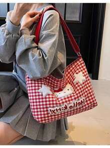 Sanrio Borsa a tracolla Sanrio Hello Kitty a quadri, borsa a cartone animato da donna, borsa in tela con grande capacità, borsa a tracolla per studenti e pendolari, per forniture scolastiche, back to school
