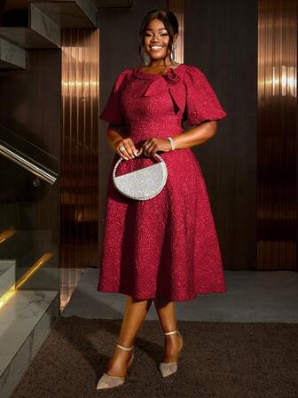 Women Plus Size Rose Jacquard Flared Puff Sleeve A-Line Dress, Suitable For Commuting, Elegant Cocktail Semi Formal Prom Dress, For Birthday, Wedding Guest, Graduation, Dinner, Homecoming