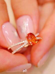 1pc S925 Sterling Silver Oval-Shaped Elegant Vintage Orange Zirconia Crossed Ring, Versatile Daily Wear, Gift For Women, Jewelry