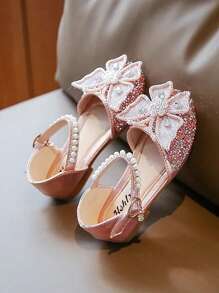 A Pair Of Fashionable New Girl Princess Shoes, Little Girl Soft-Soled Crystal Diamond Bow Sandals, Baby Diamond Shoes, Girls Sequined Dancing Closed Toe Shoes.