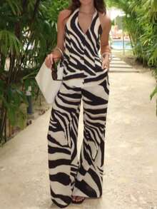 女式休闲印花露背背心和高腰阔腿裤套装