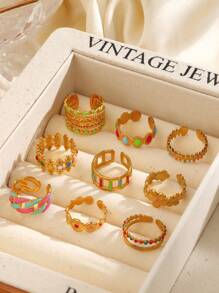 Conjunto sortido de anéis de esmalte vintage em tons de aço inoxidável femininos, 6/10/16/24/30 peças, cores e estilos aleatórios, adequado para decoração diária