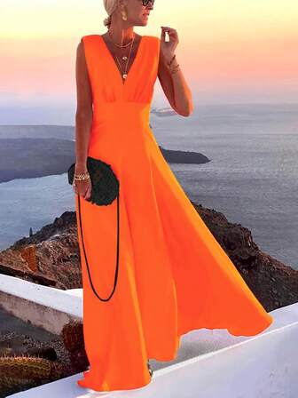 Ärmlös V-ringad A-linjeklänning för kvinnor, bekväm sommarklänning utomhus, enfärgad