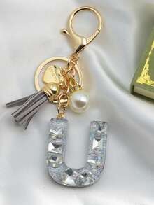 1pc Initial Letter Keychain, Diamond Accented Key Chain Pendant, Minimalist& Fashionable Bag Charm For Men - Silver - View 17