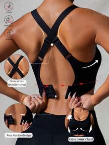 女士运动文胸可调节后背无缝交叉后背无钢圈瑜伽健身上衣可拆卸胸垫性感文胸聚拢防摔跑步透气内衣秋冬女套装秋冬装 - 黑色 - 查看 2