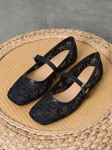 Women's Black Flat Ballerina Shoes With Flower Embroidery, Breathable Hollow Out Mesh Summer Sandals, Wide Toe Box For Comfort, Mary Jane Style - Black - View 6