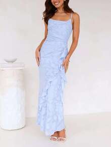 Women's Elegant Chiffon Cutout Backstrap Ruffle Hem Cocktail Dress, Blue - Blue - View 1