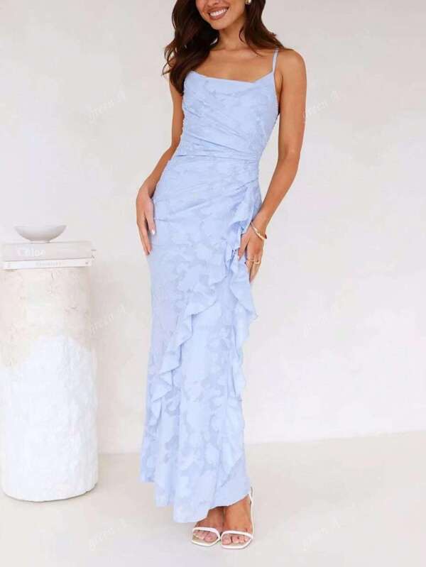 Women's Elegant Chiffon Cutout Backstrap Ruffle Hem Cocktail Dress, Blue
