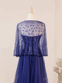 Nuovo elegante scialle in rete decorato con perline e paillettes e abito in rete senza spalline, con scialle incluso, abito da sera, da cerimonia, da matrimonio, per occasioni formali