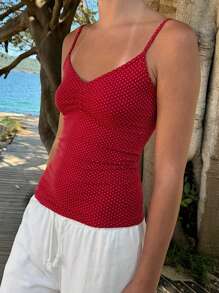 Women's Mini Dot Print Camisoles Spaghetti Straps Stylish Slim Fit Sleeveless Crop Tank Tops For Summer