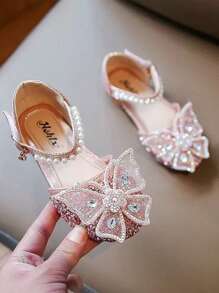 A Pair Of Fashionable New Girl Princess Shoes, Little Girl Soft-Soled Crystal Diamond Bow Sandals, Baby Diamond Shoes, Girls Sequined Dancing Closed Toe Shoes.
