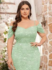 Đầm dạ hội dài size lớn trễ vai đính sequin ren hoa phối lưới bèo nhún đuôi cá, thanh lịch cho khách mời, lễ tốt nghiệp, lễ hội, tiệc homecoming - Màu xanh Bạc hà - Xem 8
