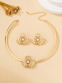 1 Set Women Jewelry Set, Flower Simple Fashion Necklace & Earring Studs, Suitable For Daily Wear And Gift Giving