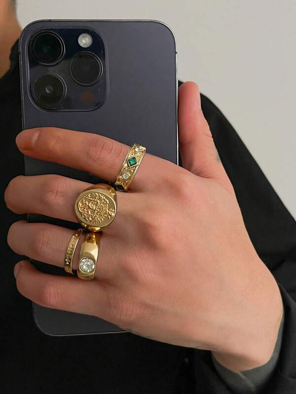 4pcs Men's Luxury Fashion Glitter Geometric Diamond Ring, Vintage Punk Cross Decor Gold Metal Ring Set