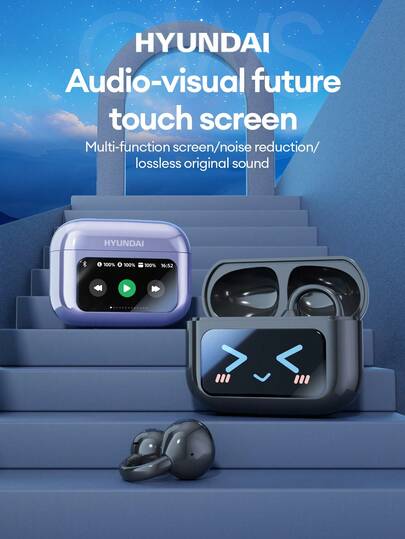  HYUNDAI M100 Smart Touch Screen Bluetooth Earphones, Clip-On Earbuds, Multifunction Colorful Display, Remote Selfie, Long Battery Life, HIFI High-Quality Sound, Directional Audio, High-Definition Calls, Smart Noise Cancellation, Low Latency Music & Gaming, Wireless Earphones Compatible With Smartphones & Computers