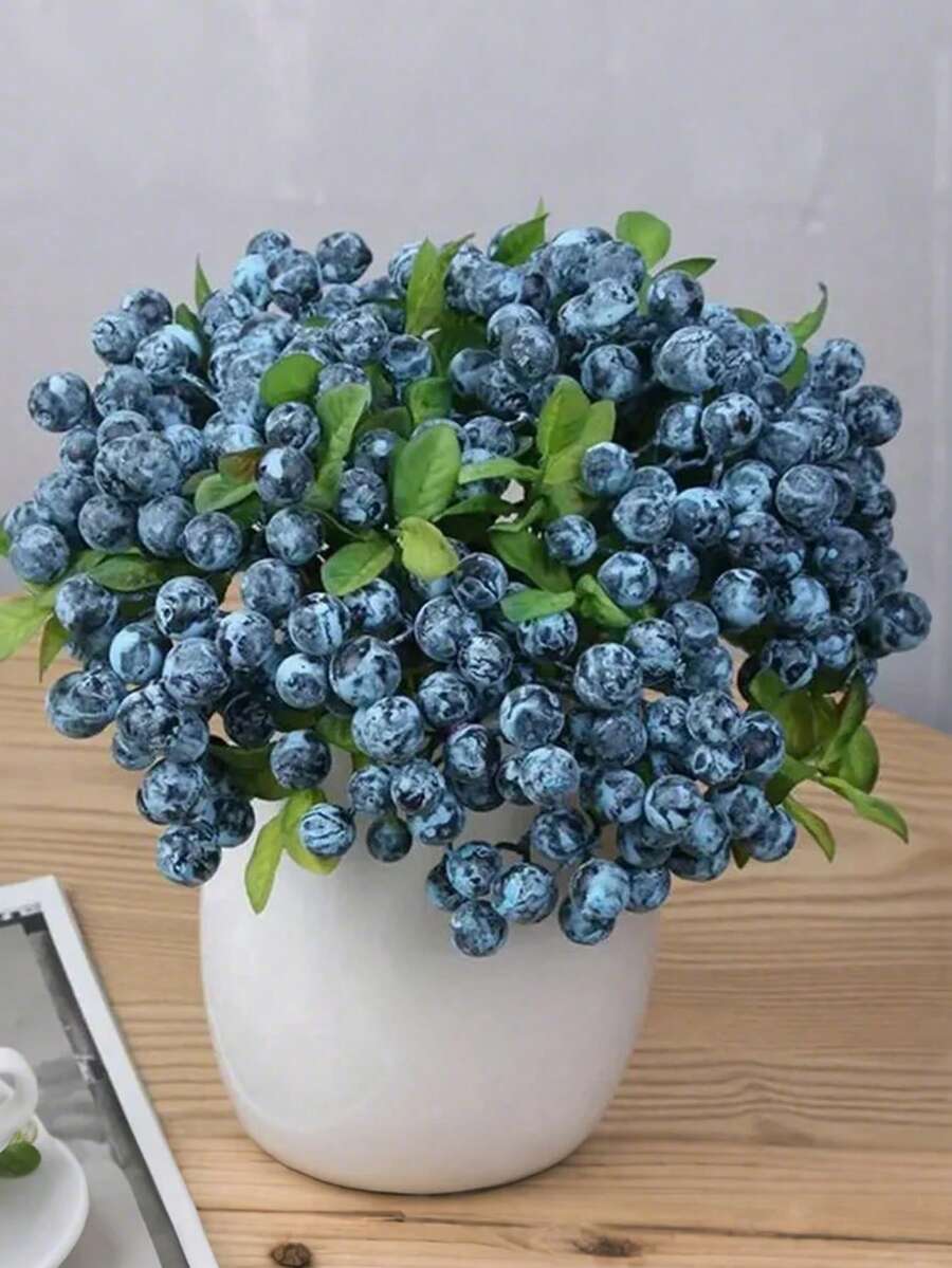 10pcs Artificial Blue Berry Stems Plastic Blue Berries With Green Leaves Fake Blueberries Picks For DIY Crafts Holiday Home Decor - Blue - View 1