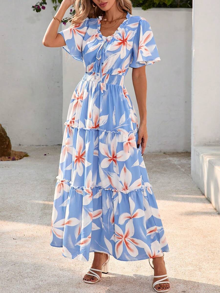 Women's Summer Dresses Bohemian Floral Flutter Short Sleeve V Neck Ruffle Flutter Beach Wedding Dresses - Sky Blue - View 1