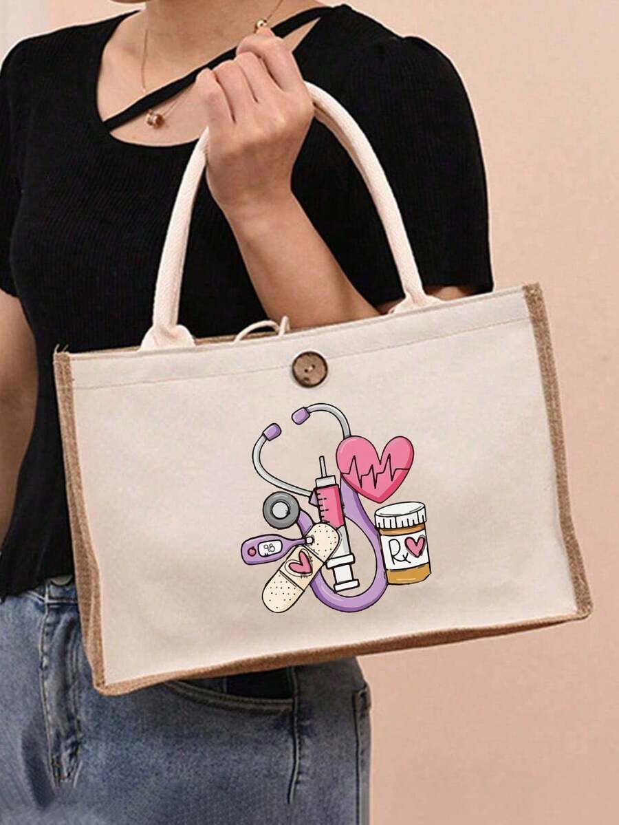 1/2pcs Nurse Theme Handbag & Cosmetic Bag Set, Patchwork Linen Tote Bag, Casual Style, Adjustable Shoulder Strap, Printed With Stethoscope, Heart, Syringe, Thermometer Patterns, Suitable For Commuting, Campus Life, Travel, Medical Events, Also A Thoughtful Gift For Holidays, Nurses' Day, Teachers' Day, Anniversary, Etc. - Khaki - View 1