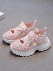 Girls' Hook And Loop Mesh Sports Sandals Summer New Cute Flower Open Toe Casual Shoes, Medium-Large Child Sizes
