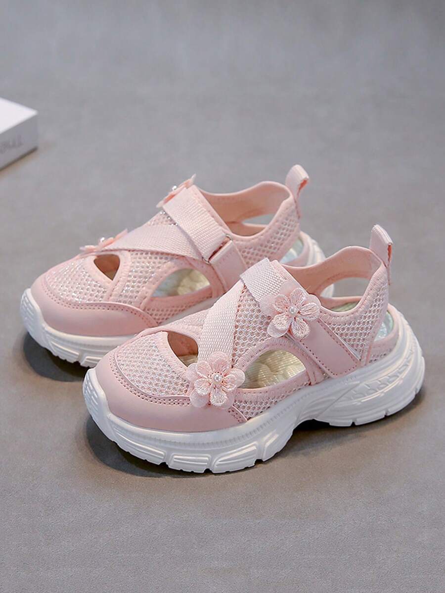 Girls' Hook And Loop Mesh Sports Sandals Summer New Cute Flower Open Toe Casual Shoes, Medium-Large Child Sizes