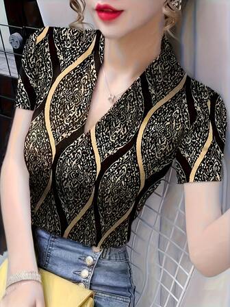 V-Neck Short Sleeve T-Shirt For Women, Fashion Chic Ice Silk Top, Fitted Mom Attire With Print, Summer