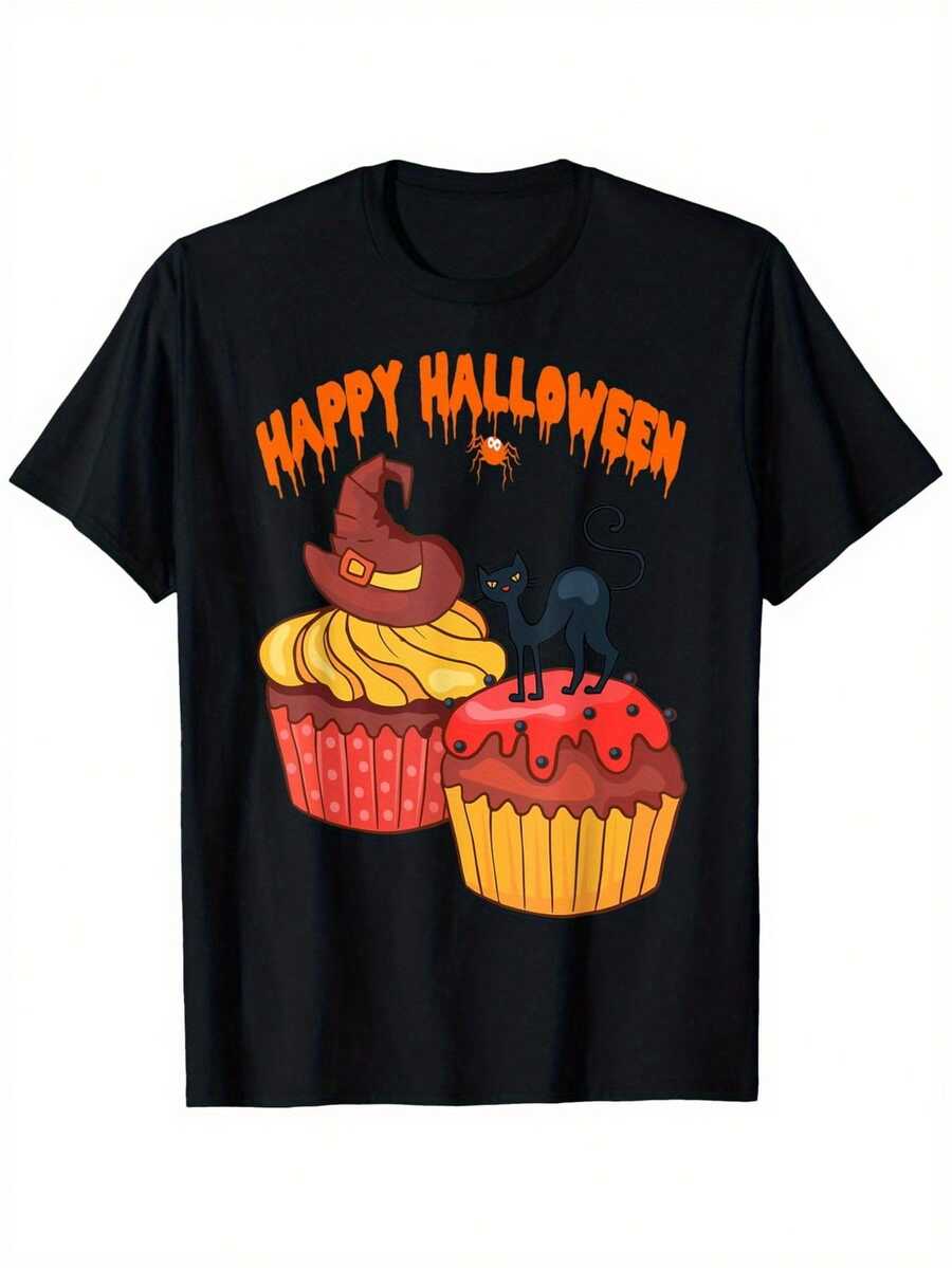 Camiseta con estampado gráfico de sombrero de bruja y magdalenas de gato negro de Halloween para mujer, camiseta de manga corta con cuello redondo de algodón de 180 g, top festivo novedoso para damas - Negro - Ver 1