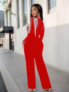 Women's Fashionable Sheer Mesh Fringed Rhinestone Decorated Jumpsuit, Suitable For Party, Spring/Summer - Rose Red - View 2