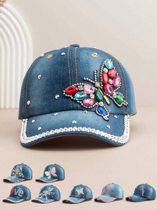 1pc Women's Fashion Baseball Cap With Rhinestone Butterfly Decoration, Versatile Outdoor Casual Sun Hat, Colorful Rhinestone Embellished