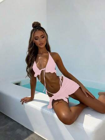 3件套纯色荷叶边系带吊带三角比基尼上衣和短裤/裙子泳衣套装