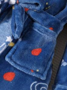 儿童法兰绒宇航员印花连帽浴袍带口袋，男童家居服，适合居家和沐浴后穿着 - 藏蓝色 - 查看 8