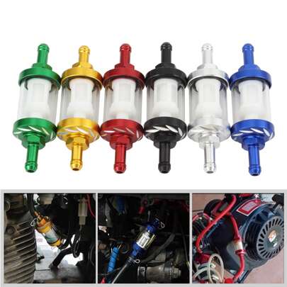 PowerMotor Gasoline Motorcycle Accessories Pitbike Glass Gas Fuel Filter Minimoto 125cc 140cc 150cc 160cc 8mm CNC Aluminum Alloy Oil Filter Scooter Cafe Racer Gy6 Racing Parts