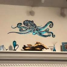 [Vibrant Blue Octopus Decor] Iron Vibrant Blue Octopus Metal Wall Art - Tropical Ocean & Beach-Themed Decor For Indoor & Outdoor Spaces Room Decor Bedroom Decor Home Decor Wall Decor Kitchen Decor