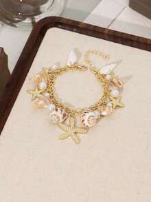 1 Pc Starfish, Shell, Faux Pearl Decor Beach Style Bracelet, Suitable For Women To Wear On Beach, Vacation, Party - Yellow Gold - View 3
