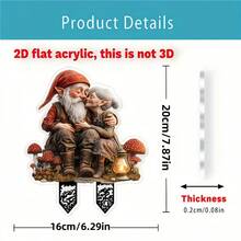 2D Flat, 1pc, Charming Gnome Couple 2D Acrylic Garden Statue, Windproof And Rain Outdoor Decoration, Suitable For Flower Pots, Lawns And Backyards Whimsical Yard Art Ground Insertion, Perfect Mother's Day, Birthday Or Housewarming Gift, 20X16cm, Garden Decoration Stakes, Classic Gnome Design - Multicolor - View 3