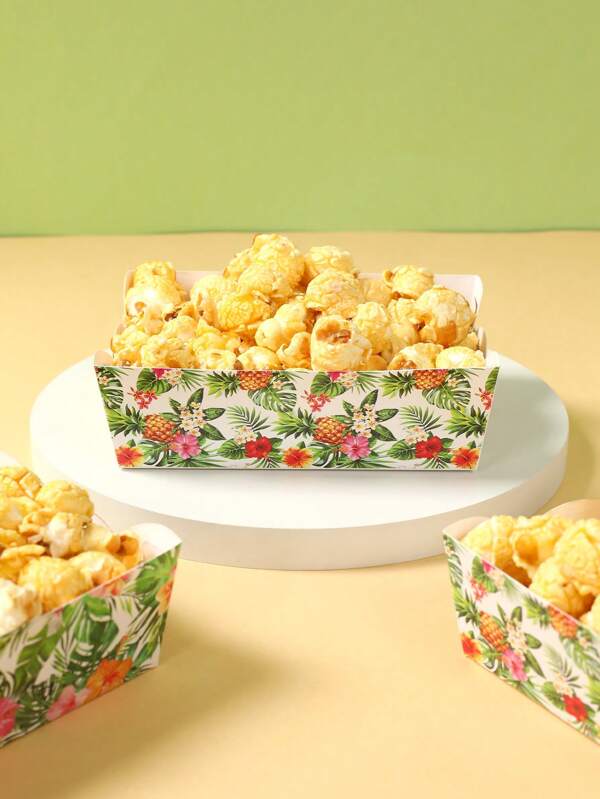 12pcs Hawaii Palm Leaf Flower Pattern Paper Tray, Popcorn Box Food Box, Food Container Gift Tray For Tropical Hawaii Summer Theme Babe Shower Birthday Party Decoration, French Fries Box, Popcorn Buckets For Family Movie Night