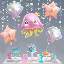 5pcs Sea Life Theme Foil Balloon Set, 3 Different Shapes (Jellyfish + Seashell + Starfish), Suitable For Decorating Ocean Party, Birthday, Event, Diving Party, Summer Party, Indoor Atmosphere, Fantasy Theme Party