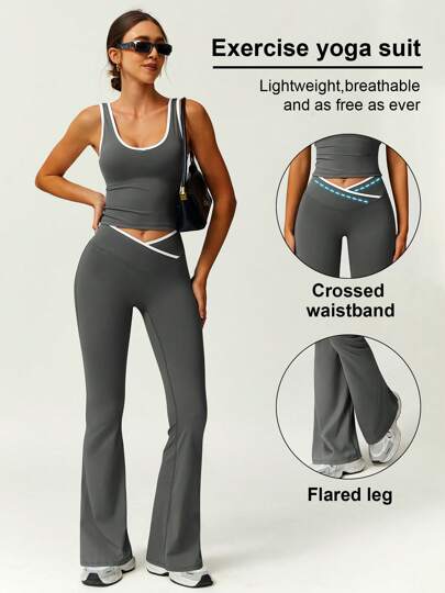 Set de 2 piezas de top deportivo y pantalones acampanados de mujer con diseño de contraste de color y cruce de cintura a la moda