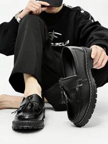 Men's Casual Thick Sole Slip-On Solid Black Leather Shoes, Durable Student Loafers, Formal Business Dress Shoes With Tassels, Lightweight Casual Work Boots