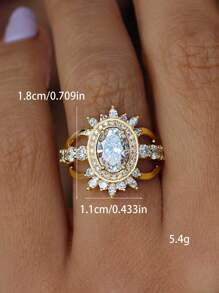 1 pieza Lujoso anillo de mujer de oro francés con diseño geométrico elíptico hueco y circonita cúbica, adecuado para boda, Día de San Valentín, compromiso, aniversario, regalo para la novia