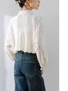 Women's Solid Color Front Button Long Sleeve Casual Crochet Hollow Blouse - White - View 2