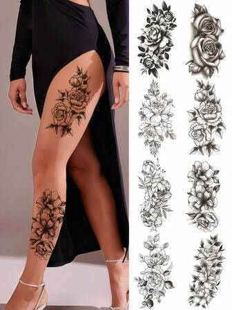 8 Sheets Flower Tattoos Temporary Black Rose Tattoos Women Realistic Durable Waterproof Fake Tattoo Stickers Body Art Arm Sketch Tattoo Sticker For Daily Makeup Festival Party