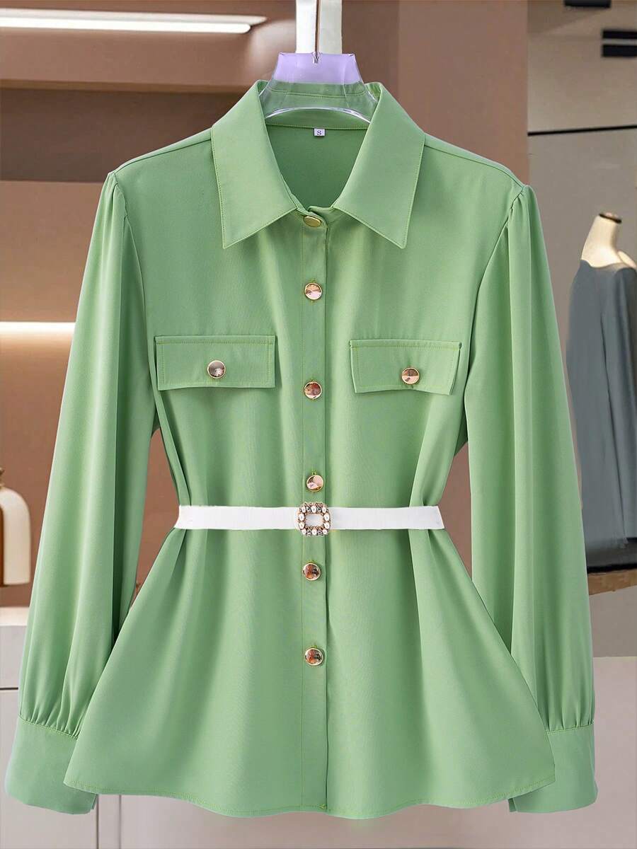 女士时尚收腰休闲纽扣衬衫（配腰带） - 綠色 - 查看 1