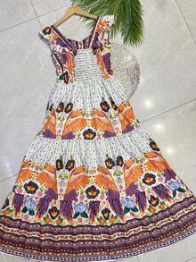 Long Dress PRINTED With Lining With Cup In Beautiful, Fashionable CREPINHO Fabric - Orange - View 3