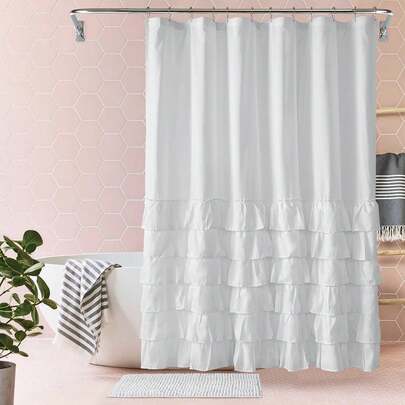 1pc Layered Ruffle Trim Shower Curtain - Solid Color Bathroom Decor - 72x72 Inch - Home Decor And Accessories