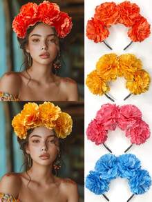 1pc Women's New Solid Color Faux Fabric Embroidered Pom Pom Flower Headband, Solid Floral Fabric Hair Accessory For Party, Photo Shoots, Everyday Wear, Gift Hairband Hair Hoop Head Accessories - Multicolor - View 12