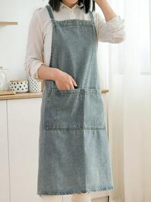 1pc Denim Apron, Extra Long Tie Strap, Unisex Home Kitchen, Work, Japanese Style Bib Apron