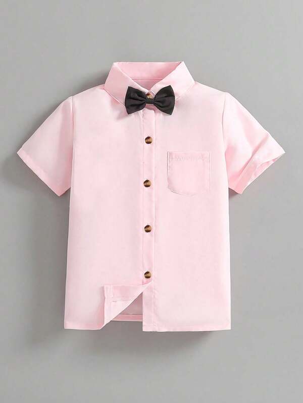 Boys Casual Solid Color Short Sleeve Shirt With Bowknot Collar, Suitable For Casual Outdoor, Wedding, Festival, School, Gentleman Style, Summer