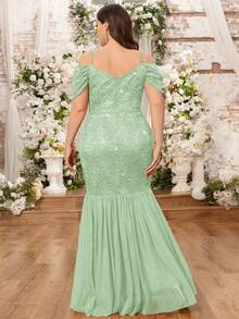 Đầm dạ hội dài size lớn trễ vai đính sequin ren hoa phối lưới bèo nhún đuôi cá, thanh lịch cho khách mời, lễ tốt nghiệp, lễ hội, tiệc homecoming - Màu xanh Bạc hà - Xem 2